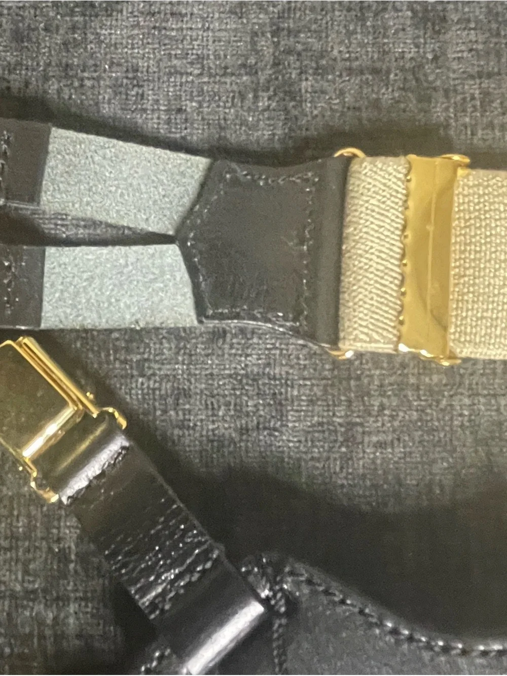 CHANEL Beige Logo Webbing Suspenders with Black Leather Connector